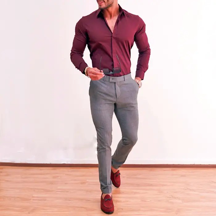 Dark red dress shirt men